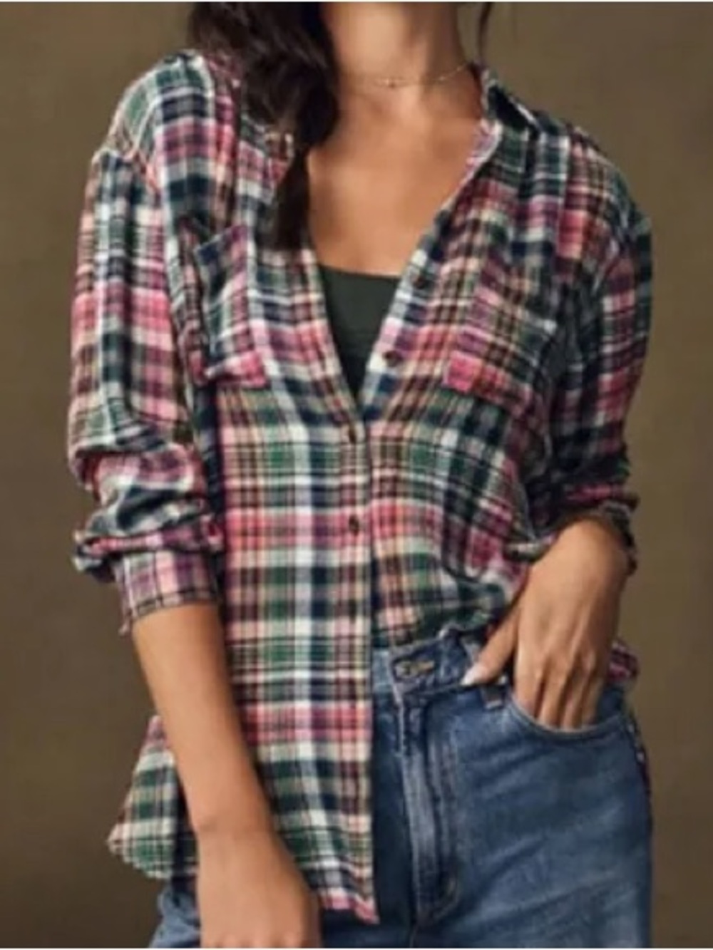 Pilcro Pink Green Plaid Button Down Shirt Large